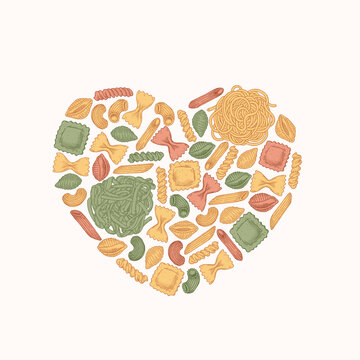 recommend clip art: Variety of italian pasta heart shape. Different kind of pasta. Engraved style illustration. Vector illustration