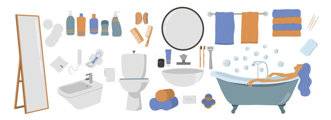 Personal hygiene supplies. Vector set of toiletries hygienic products and bathroom accessories.