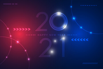 Happy New Year 2021 text design. Futuristic technology background.