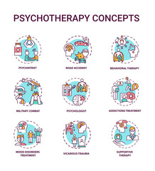 Psychotherapy concept icons set. Mental health treatment idea thin line RGB color illustrations. Psychiatrist. Road accident. Behavioral therapy. Vector isolated outline drawings. Editable stroke