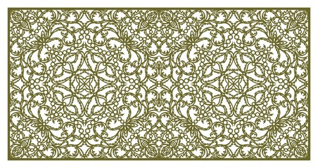 Rectangular panel with delicate lace pattern. Floral oriental ornament of leaves, curls. Ratio is 1:2. Template for plotter laser cutting of paper, cardboard, plywood, wood carving, metal engraving.