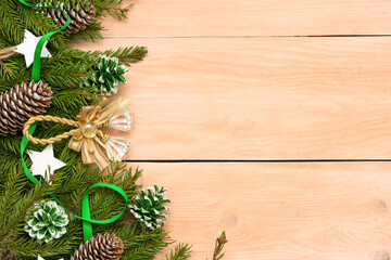 Christmas decorations and Christmas tree toys on the table.