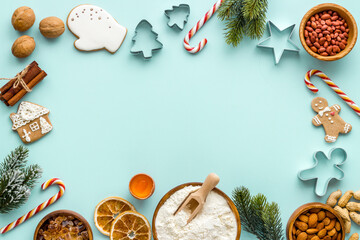 Frame of Chtistmas cooking - icing gingerbread cookies, top view