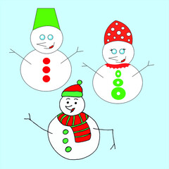 three funny drawn snowmen: mom, dad and son