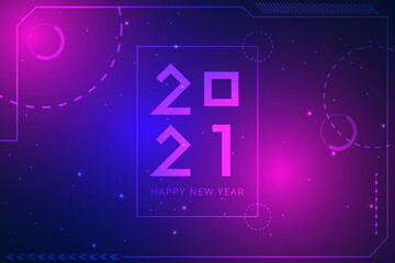 Happy New Year 2021 text design. Futuristic technology background.