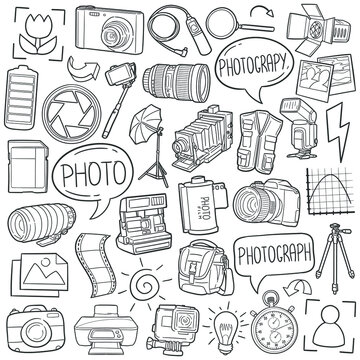 Photograph doodle icon set. Photography Vector illustration collection. Camera Banner Hand drawn Line art style.
