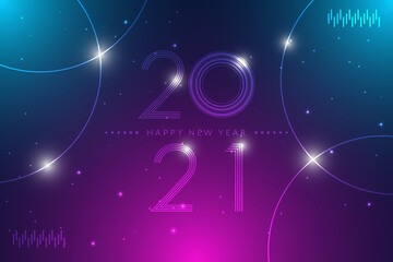 Obraz premium Happy New Year 2021 text design. Futuristic technology background.