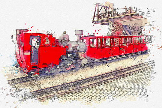 Watercolor drawing picture old train at Schafberg Austria.
