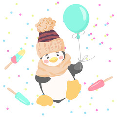 
Cheerful penguin in a hat with a balloon. Vector illustration. Congratulations postcard design element.
