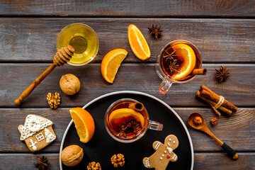 Christmas mulled wine - holiday background with fir branches and spices