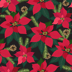 Christmas seamless pattern with poinsettia plant background, Winter pattern, wrapping paper, winter greetings, web page background, Christmas and New Year greeting cards