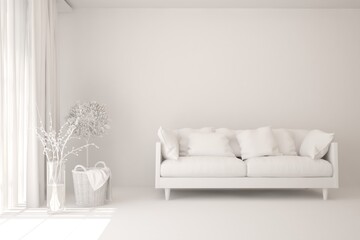 White minimalist living room with sofa. Scandinavian interior design. 3D illustration