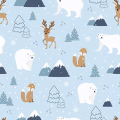 Christmas seamless pattern with polar bear background, Winter pattern with deer and fox, wrapping paper, winter greetings, web page background, Christmas and New Year greeting cards