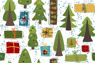 Seamless Christmas pattern with Christmas tree and gifts. Winter Vector background for fabric, textile, wallpaper, posters, gift wrapping and paper, napkins. Print for kids