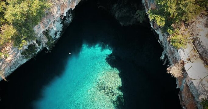 Drone shot of cave Melissani in Kefalonia