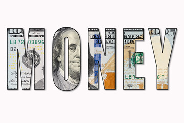 Money. Dollar inside word money. Money inside word money. White background. Isolated. Concept
