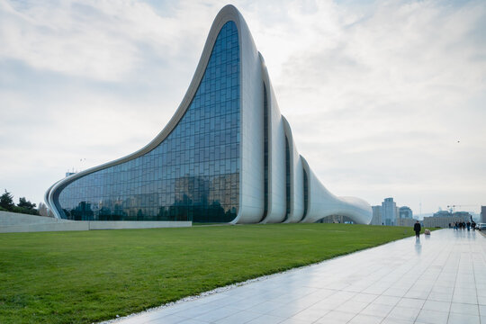 Baku, Azerbaijan - December 2019: Heydar Aliyev Center architecture, the popular landmark for tourists and visitors was designed by architect Zaha Hadid. 