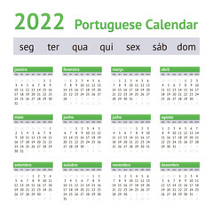 2022 Portuguese European Calendar. Weeks start on Monday