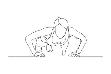 Continuous line drawing of sporty woman training push up work out. One line art concept of gym fitness and healthy life style. Vector illustration