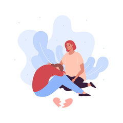 Mental health care concept. Vector flat people character illustration. Female patient crying and woman psychologist. Broken heart breakup symbol. Relationship and love help counseling.