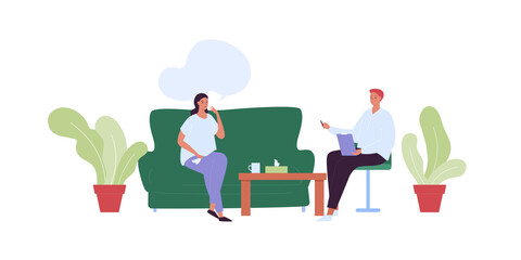 Mental health care concept. Vector flat people character illustration. Woman patient sitting on sofa and man psychologist meeting in psychotherapy office room. Psychological therapy and psychiatry.