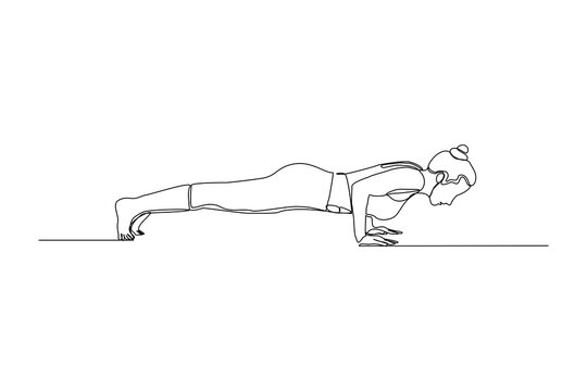 Continuous Line Drawing Of Sporty Woman Training Push Up Work Out. One Line Art Concept Of Gym Fitness And Healthy Life Style. Vector Illustration