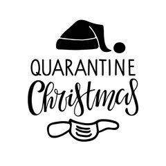 Quarantine Christmas lettering with protective mask and Santa Hat sketch. Merry Quarantine Christmas 2020 quote. Vector illustration for Christmas festival t shirt, greeting card or poster design.