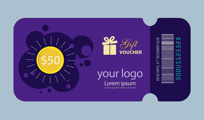 gift voucher, fifty dollar gift voucher illustration, 50$, gift card template with gift icon, barcode