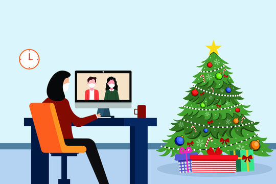 Woman using computer to meeting online during winter season with christmas tree and gift box.vector illustration.	
