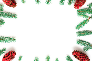 Christmas frame made of cones and fir branches on a white background.