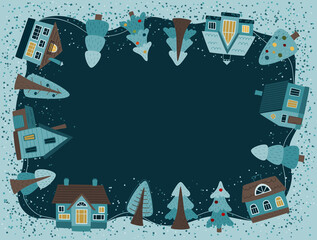 Village before Christmas. Vector winter frame for your text or congratulations. Christmas vector illustration in flat style.