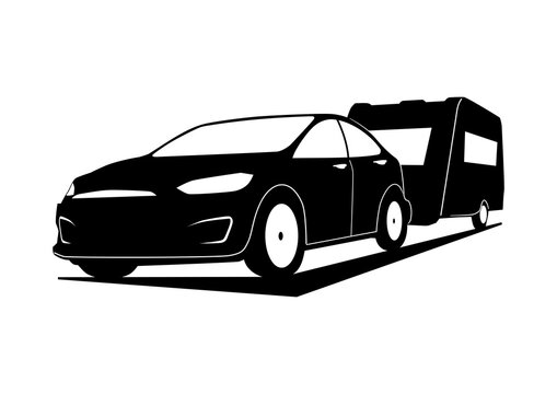 recommend clip art: Black and white silhouette of a modern car towing a caravan. Flat vector.