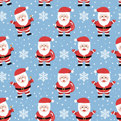 Christmas seamless pattern with santa on cool background, Winter pattern with snowflakes, wrapping paper, winter greetings, web page background, Christmas and New Year greeting cards