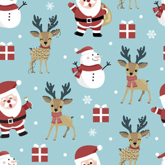 Christmas seamless pattern with santa and reindeer background, Winter pattern with snowflakes, wrapping paper, winter greetings, web page background, Christmas and New Year greeting cards