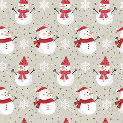 Christmas seamless pattern with snowman background, Winter pattern with snowflakes, wrapping paper, winter greetings, web page background, Christmas and New Year greeting cards