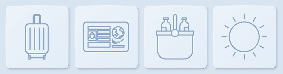 Set line Suitcase, Cooler bag and water, Passport with visa stamp and Sun. White square button. Vector. © Vadim