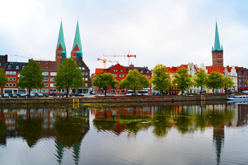 Old town Lubeck, Germany. Embankment of the river Trave.