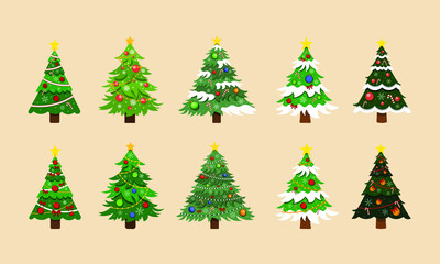 Collection of Christmas trees.Template for design, greeting card, invitation.Vector illustration.Editable