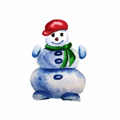 watercolor snowman in a hat and scarf on a white backgroundWhite snowman can be used on packaging paper, textiles, postcards, napkins.