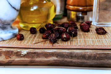 vintage bottles and red berries