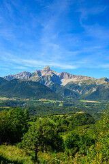 Fototapeta na wymiar Panoramic view on Grande tete de Obiou mountain range in French Prealps in Isere, highest peak of Devoluy Mountains in summer