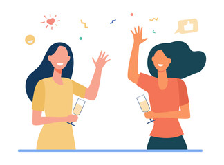 Cheerful women drinking wine together. Drink, glass, party flat illustration. Weekend and celebration concept for banner, website design or landing web page