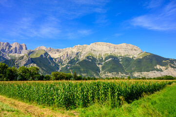 Panoramic view on Breche de Faraut mountain range in French Prealps in summer
