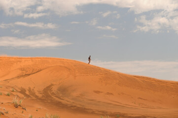 An unrecognisable man walking away on a dune in the Namib Desert