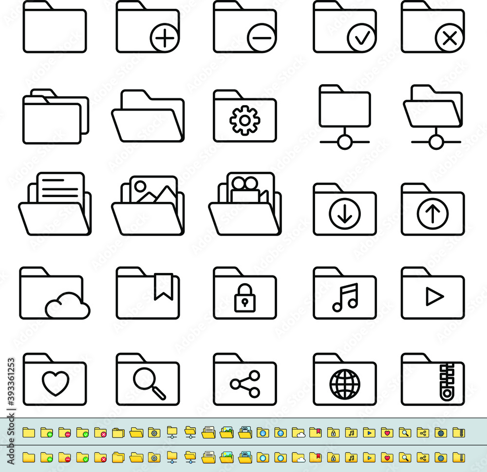 Wall mural linear and color icons set. different types and types of folders