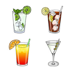 Set of glass of mojito, Long Island Ice Tea, Dry Martini Cocktail and Sex on the Beach cocktail on a white background. Hand drawing design objects in cartoon style. Vector illustration cold drink.
