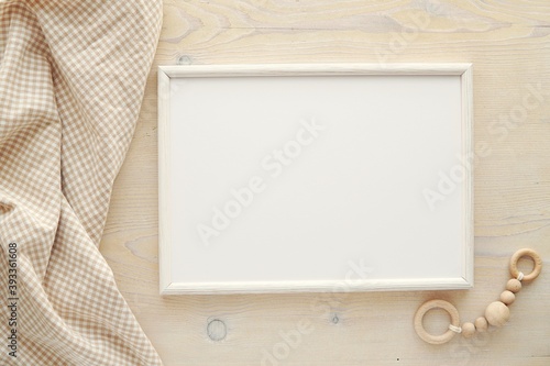 Download Nursery Frame Mockup Horizontal White Wooden Frame Mock Up For Baby Room Art Pregnancy Announcement Top View Flat Lay Wall Mural Indrepau