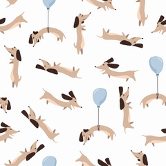 Children's seamless pattern with Dachshund dogs on white background in cartoon style. Cute texture for kids room design, Wallpaper, textiles, wrapping paper, apparel. Vector illustration