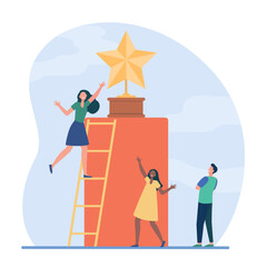 Tiny people trying to get golden star. Ladder, award, reward flat vector illustration. Competition and acknowledgement concept for banner, website design or landing web page