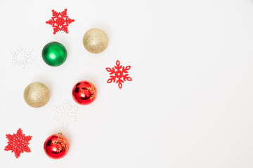 Christmas decoration on white background, flat lay, top view and copy space